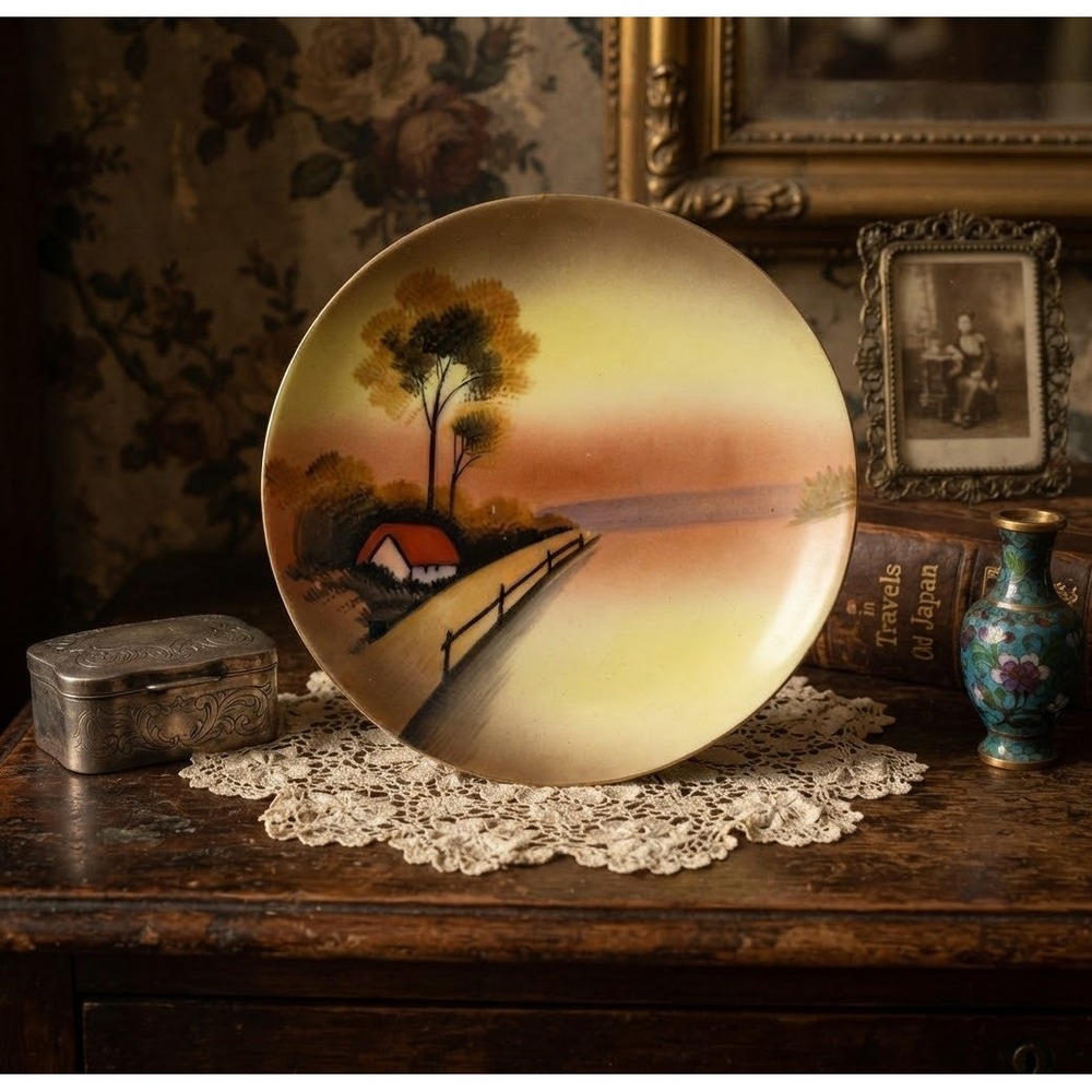 Antique Nippon Hand Painted Scenic Plate 6in Landscape Cottage Sunset c. 1900s